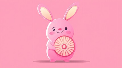 Obraz premium Pink Bunny with a Fan Cartoon Mascot Posing Happily for Your Advertisement or Flyer