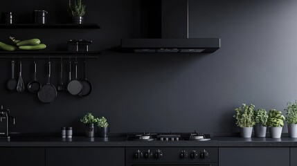 Dark kitchen, cooking utensils hanging, plants, blank wall, modern design