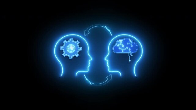 Glowing neon line of AI artificial intelligence icon on transparent background. Machine learning concept, big data, innovation technology, cloud computing, futuristic, internet network communication.