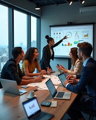 Business professionals in a modern conference room engaged in a strategy meeting, discussing financial reports and data analysis on a large presentation screen, teamwork in action

