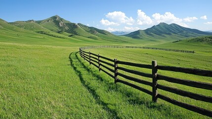 Lush green landscape with rolling hills and a wooden fence under a clear blue sky.