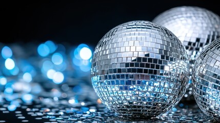 A close-up of sparkling disco balls reflecting light against a dark background.