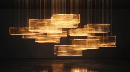 Golden Cubic Light Installation Suspended In Darkness