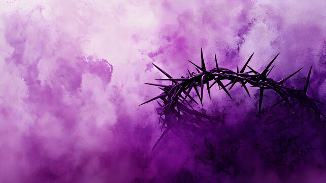 una corona de espinas de la religion catolica sobre un fondo morado con efecto acuarela con espacio de copia