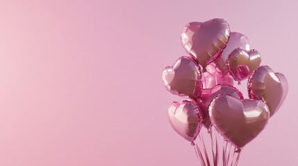 Fototapeta premium Valentine's Day Pink Heart-Shaped Mylar Balloons on minimalist solid Pink Background with copy space