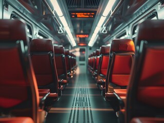 Fototapeta premium Interior View of Empty Train Car with Red Seats