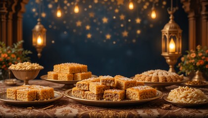 Obraz premium Elegant assortment of traditional sweets beautifully displayed under festive illumination. Islamic holiday celebration template banner