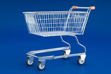 Shopping Cart on Blue: A chrome shopping cart stands empty against a vibrant blue background, ready for a shopping spree. The image is clean, simple, and perfect for illustrating retail concepts.