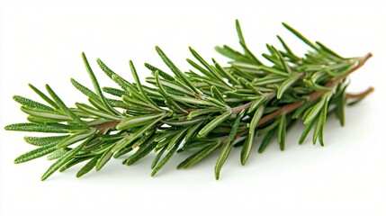 Fresh Rosemary Herb Sprig Close Up Against White Background Culinary Ingredient Natural Green.