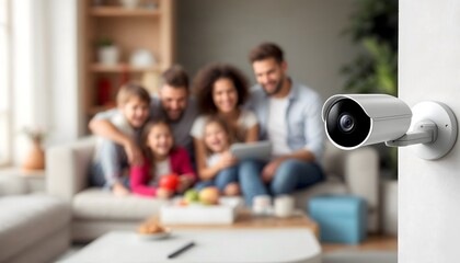 A home security camera focuses on a happy family sitting together, highlighting the importance of safety and family moments.