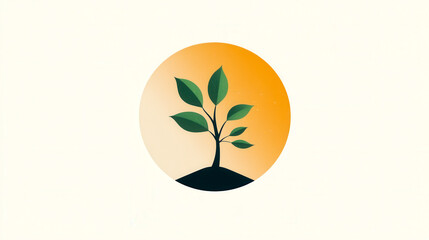 A stylized green tree with leaves, set against a warm orange circular background, symbolizing growth and nature.
