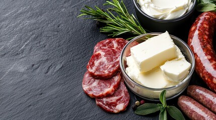 A rustic display of butter, cured meats, and herbs on a slate surface.