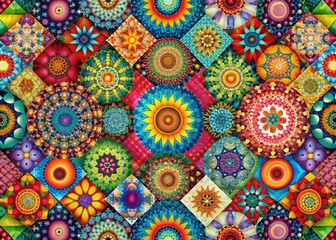 Vibrant Mandala Mosaic: A captivating patchwork of colorful mandalas in various shapes and sizes creates a mesmerizing visual feast.  Intricate details and rich hues evoke a sense of joy and wonder.