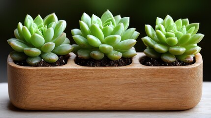 Three succulent plants in a wooden planter, showcasing natural beauty and decor.