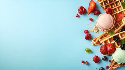 Sweet Summer Treat: Waffles, Ice Cream, and Berries Delight: A vibrant composition featuring golden waffles, scoops of pink and green ice cream, and an assortment of fresh berries.