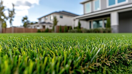 Obraz premium A close-up view of lush green grass in a residential backyard setting.