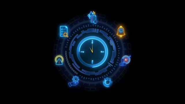 Glowing neon line of technology circle with TIME MANAGEMENT concept icons of priority, efficiency, reminder, alerts, control, objective and schedule isolated on transparent background.