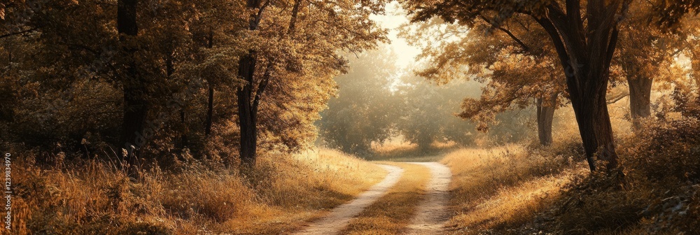 Poster Serene forest path surrounded by golden autumn trees in soft natural light. Generative AI