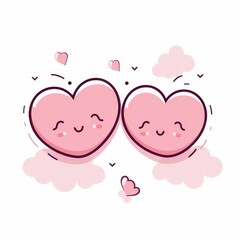 Two cartoon hearts with smiling faces and clouds in the background