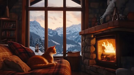 Orange tabby cat lounging on a couch with a view of snowy mountains and a roaring fire.