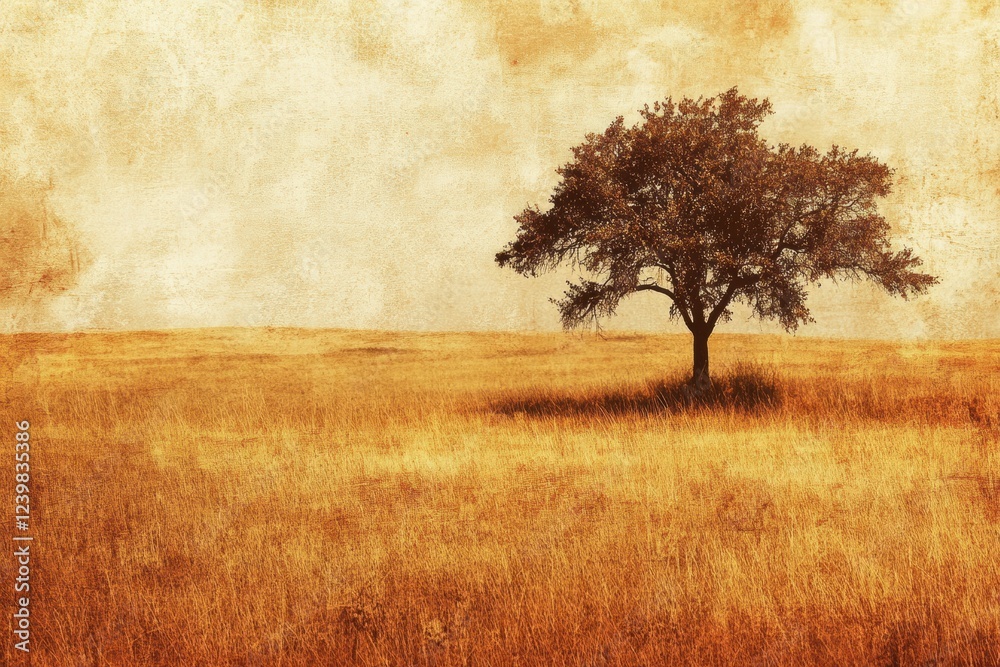 Poster expansive golden field under cloudy sky featuring solitary tree standing tall in the distance during