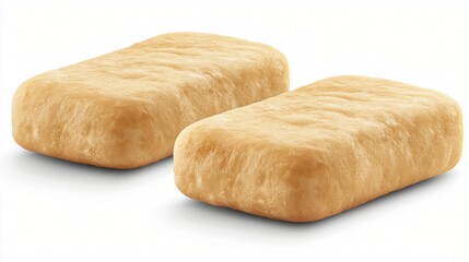 Two Soft Baked Rectangular Pastry Pieces on a White Background Displayed in a Studio Shot.
