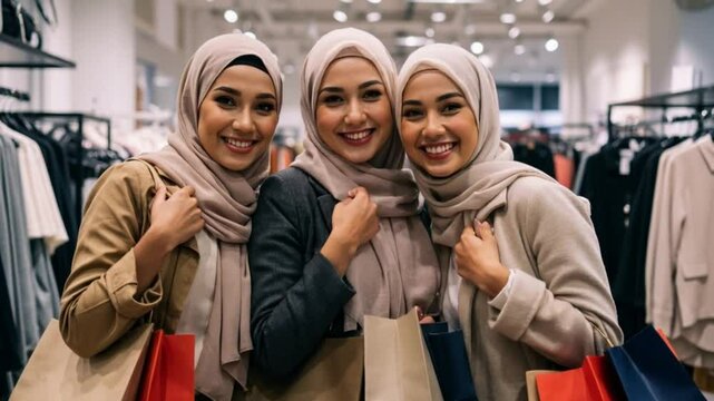 Three smiling women in hijab holding shopping bags in a store.