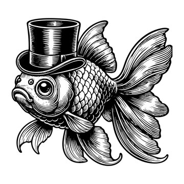 recommend clip art: gold fish wear top hat sketch engraving black and white outline. Scratch board imitation.  illustrated in vintage line art style on a white background.
                    