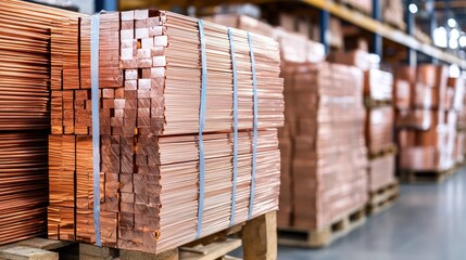 Stacked copper materials in a warehouse, showcasing industrial storage and organization.