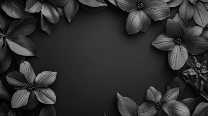Monochrome floral frame, dark flowers on black. Elegant design, ideal for invitations, or somber themes, copy space provided.