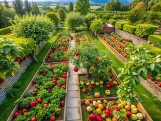 Fototapeta premium Picturesque Fruit Garden with Dwarf Apple and Pear Trees