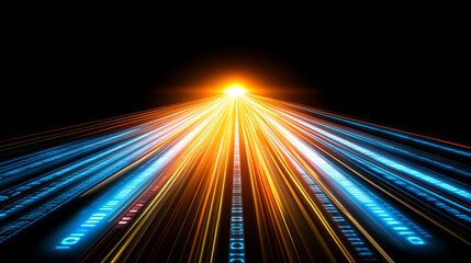 Fototapeta premium Glowing digital lines converge into bright horizon