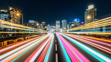 Fototapeta premium Dynamic cityscape with vibrant light trails at night