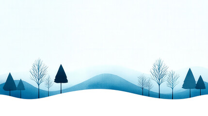 A serene landscape featuring soft blue hills and stylized trees, creating a calm and minimalist aesthetic reminiscent of winter or early morning.