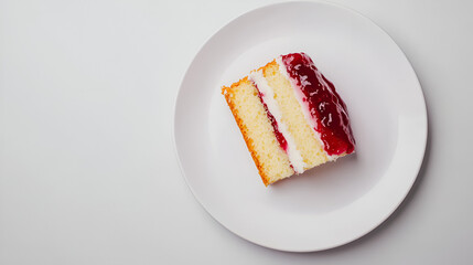 A Slice of Sweetness:  A solitary slice of vanilla cake, adorned with a generous layer of raspberry jam,  rests on a white plate,  a delicious  and  tempting  treat for any occasion. 
