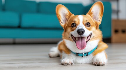 A happy corgi laying on the floor, showcasing its playful personality in a cozy home setting.