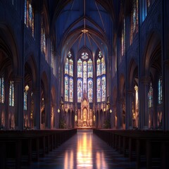 Obraz premium Grand cathedral interior, stained glass