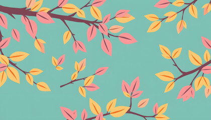 Pink and yellow branches with leaves, flat papercut style. isolated with white shades
