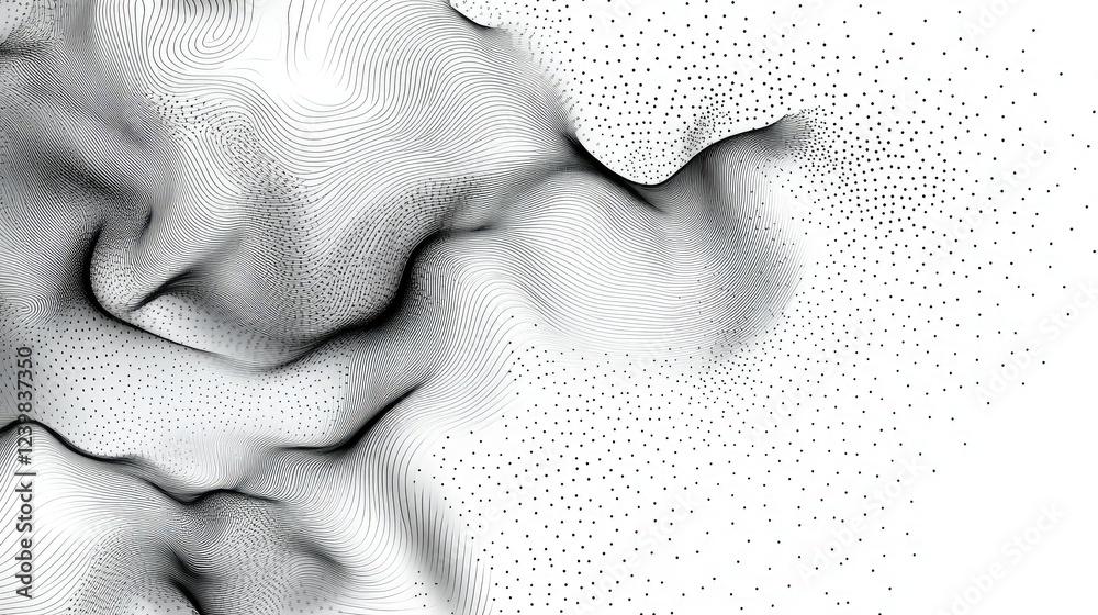 Poster abstract monochrome texture with smooth wave patterns and dotted details, creating a modern and mini