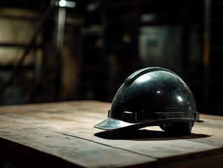 construction helmet on a wooden table  - ai
