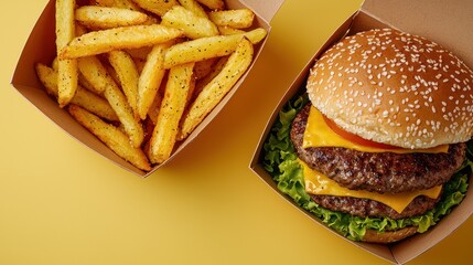 A delicious burger with cheese and lettuce alongside crispy fries in takeout containers.