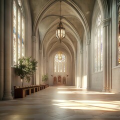 Obraz premium Sunlit cathedral corridor with stained glass