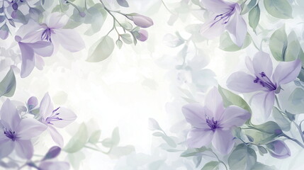 A romantic art piece background with a soft texture, as if painted with watercolor, with pale pastel purple and green flowers and leaves.