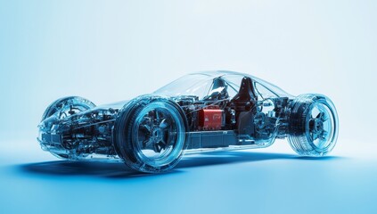 Transparent view of a race car's internal components and chassis.