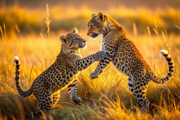 Obraz premium Playful Leopard Cubs in Tall Grass: Adorable Wildlife Photography