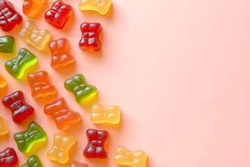 Naklejka premium Gummy Bear Delight: A vibrant scattering of colorful gummy bears arranged in a diagonal line on a soft pink background, offering a playful and whimsical backdrop for your creative projects.