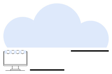 Computer monitor with storefront awning against large cloud symbol. Ideal for cloud technology, e-commerce, online services, data storage, digital connectivity, IT solutions, abstract line flat