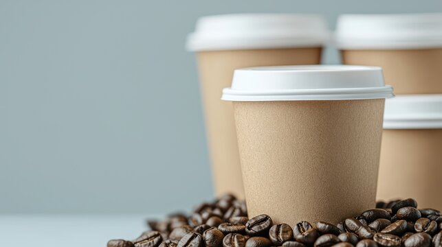 A collection of coffee cups surrounded by coffee beans, emphasizing beverage enjoyment.