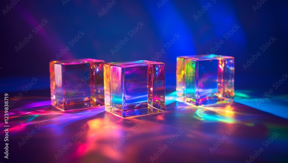 Poster three glass cubes refract colorful light, casting vibrant reflections on a reflective surface.