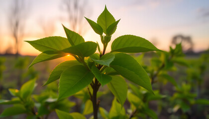 Obraz premium green leaves at sunrise spring nature wallpaper background, angled photoshot. isolated with white shades